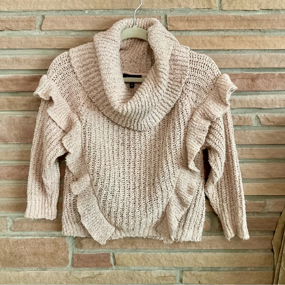 Cowl Neck Cotton Blend Sweater Light Pink Ruffle XS